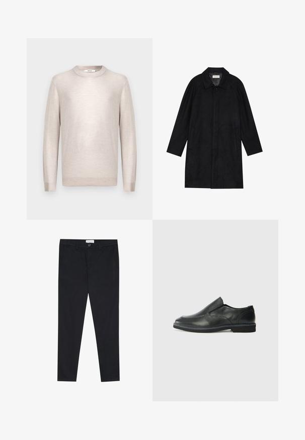 Črn plašč, izdelan iz mehkega, strukturiranega blaga. Ima ovratnik, raglan rokave, stranske žepe in sprednje zapiranje na gumbe.; Svetar svetlo bež boje s okruglim izrezom, napravljen od mekane pletene tkanine, sa dugim rukavima i rebrastim manžetama i ivicom. Minimalistički dizajn, glatka tekstura.; Črne hlače s ravnim krojem, izdelane iz bombažne tkanine. Imajo dva sprednja žepa in gumb za zapiranje v pasu.; Črne usnjene natikače z gladkim zgornjim delom, prišitimi detajli, zaobljenim nosom in nizkim gumijastim petkom. Podplat ima minimalen profil.