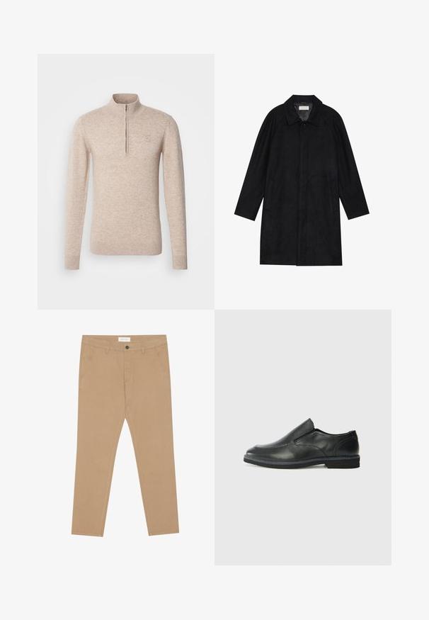 Sort frakke lavet af blød, struktureret stof. Har en krave, raglanærmer, sidelommer og en frontknaplukning.; INDICODE JEANS Striktrøje - beige mix; Khaki chinos lavet af en bomuldsblanding, med flad front, to sidelommer og en enkelt baglomme. Letvægtsstof med en glat tekstur.; Sorte læder slip-on sko med en glat overdel, syede detaljer, rund tå og en lav gummihæl. Sålen har minimal profil.