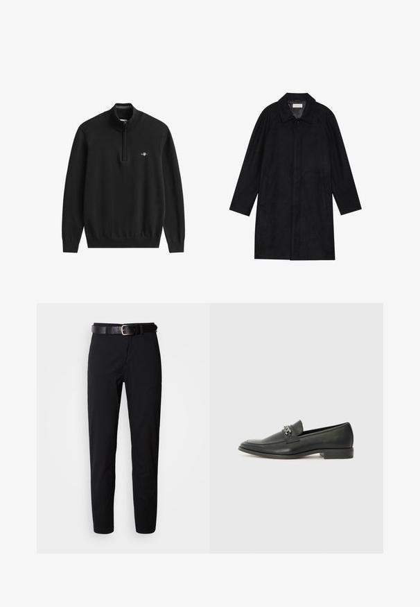 Juodas paltas, pagamintas iš minkštos, tekstūruotos medžiagos. Su apykakle, raglan rankovėmis, šoninėmis kišenėmis ir priekinėmis mygtukų uždarymo detalėmis.; Juodas ketvirtį užtrauktukas mezginių megztinis, pagamintas iš minkštos megztos medžiagos. Yra guminis apykaklė, rankogaliai ir apačia, su mažo dydžio logotipu krūtinės srityje.; Juodi kelnių modeliai su tiesiu kirpimu, turintys lygų paviršių ir juodas odinis diržas su sidabriniu sagtimi. Paprastas dizainas, be raštų ar akcentų.; Juodos odinės loafer tipo bateliai su lygiu paviršiumi, turintys siuvinėtą dizainą ir dekoratyvų metalo grandinėlės akcentą ant batų viršaus. Plokščias kulnas.