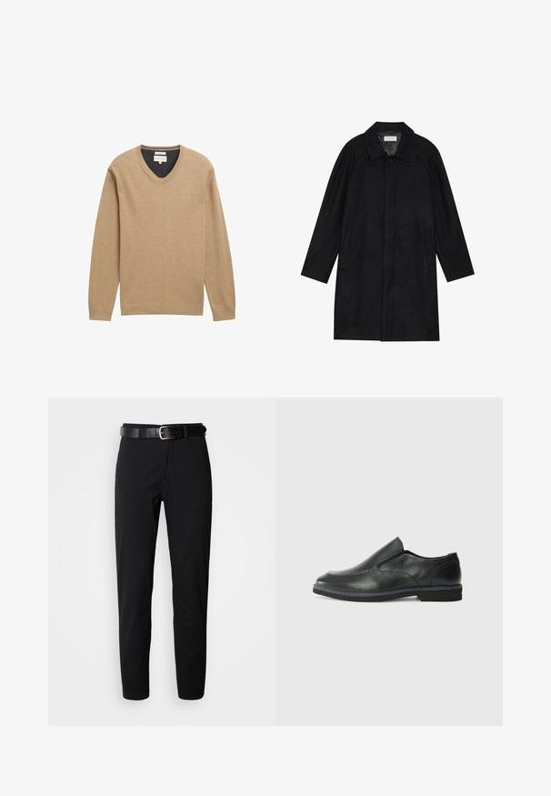 Schwarzer Mantel aus weichem, strukturiertem Stoff. Besitzt einen Kragen, Raglansärmel, seitliche Taschen und einen vorderen Knopfverschluss.; Beige V-Ausschnitt-Pullover aus weichem Strickstoff, mit langen Ärmeln und geripptem Saum. Dezentes Logo-Detail auf der Brust.; Schwarze, gerade geschnittene Hose mit glatter Textur und einem schwarzen Ledergürtel mit silberner Schnalle. Einfaches Design, ohne Muster oder Akzente.; Schwarze Leder-Slipper mit glattem Obermaterial, gesteppten Akzenten, runder Zehenpartie und niedrigem Gummiabsatz. Die Sohle hat ein minimales Profil.