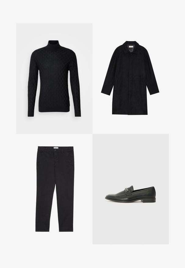 Černý kabát vyrobený z měkké, strukturované tkaniny. Má límec, raglánové rukávy, boční kapsy a přední zapínání na knoflíky.; Černý rolák s texturovaným diamantovým vzorem, vyrobený z pleteného materiálu, s dlouhými rukávy a těsným střihem.; Černé bavlněné kalhoty s úzkým střihem, které mají dvě boční kapsy a přední zapínání na knoflík. Texturovaná tkanina s jemnými detaily.; Černé kožené mokasíny s hladkým povrchem, s prošívaným designem a dekoračním kovovým řetízkem přes nárt. Plochý podpatek.
