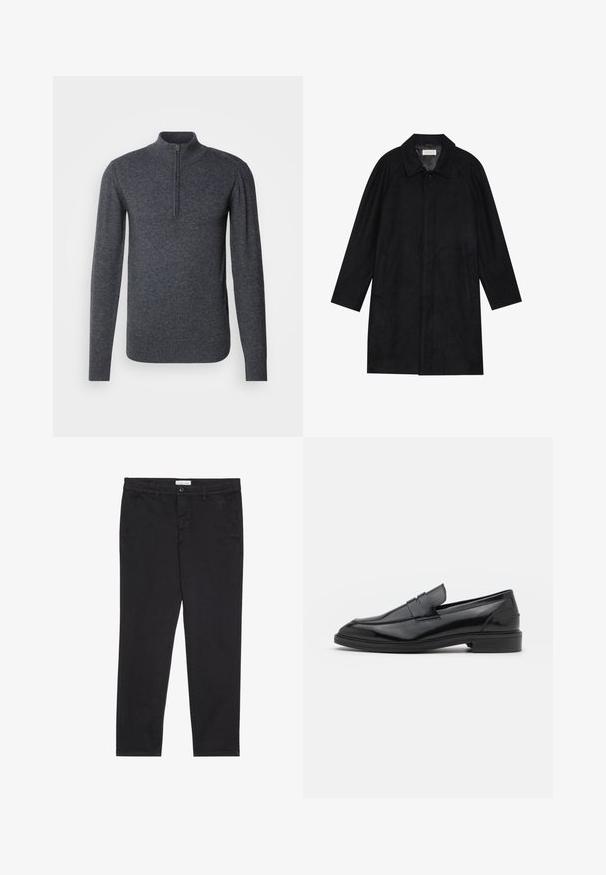 Musta takki, joka on valmistettu pehmeästä, teksturoidusta kankaasta. Sieltä löytyy kaulus, raglanhihat, sivutaskut ja etupainike.; INDICODE JEANS Neule - charcoal mix; Mustat puuvillahousut, joissa on kapea malli, kahdella sivutaskulla ja edessä nappisuljenta. Rakenteellinen kangas hienovaraisilla yksityiskohdilla.; Musta nahkakengät, joissa on sileä pinta, pyöristetty varvas ja kapea nauha päällä. Matala paksu kanta.