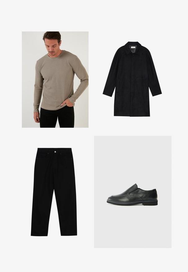 Fekete kabát puha, texturált anyagból készült. Gallérral, raglán ujjal, oldalsó zsebekkel és elülső gombos záródással rendelkezik.; Bézs hosszú ujjú hőszigetelő póló, texturált bordázott mintával, kerek nyakkivágással és testhez simuló ujjakkal, fekete nadrággal párosítva.; Fekete farmernadrág, egyenes szabással, öt zsebből álló dizájnnal és elülső gombos záródással. Simább felület minimális varrási részletekkel.; Fekete bőr, slip-on cipő sima felsőrésszel, varrott díszítéssel, lekerekített orral és alacsony gumitalppal. A talpa minimális bordázattal rendelkezik.