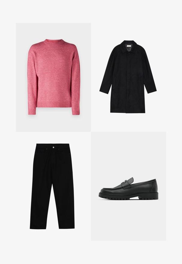 Černý kabát vyrobený z měkké, strukturované tkaniny. Má límec, raglánové rukávy, boční kapsy a přední zapínání na knoflíky.; Jack & Jones JOROLLIE CREW NECK - Svetr - fuchsia rose; Černé džíny s rovně střiženými nohavicemi, designem pěti kapes a předním zapínáním na knoflík. Hladký povrch s minimem švových detailů.; Černé kožené mokasíny s kulatou špičkou, zdobené prošitím, s nízkou platformou a texturovanou gumovou podrážkou s drážkováním.