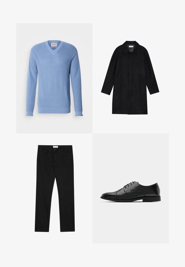 Manteau noir en tissu doux et texturé. Présente un col, des manches raglan, des poches latérales et une fermeture à boutons sur le devant.; Pull à col en V de couleur bleu clair avec une texture côtelée, des manches longues et des accents verts contrastants au niveau des poignets. Il comporte une étiquette au niveau du cou.; Jean droit noir avec un design à cinq poches, fermeture à bouton et zip, et une étiquette de marque Pier One sur la taille.; Chaussure habillée noire en cuir avec un bout rond, un laçage, des détails de couture subtils et un petit talon. Texture lisse avec une finition polie.