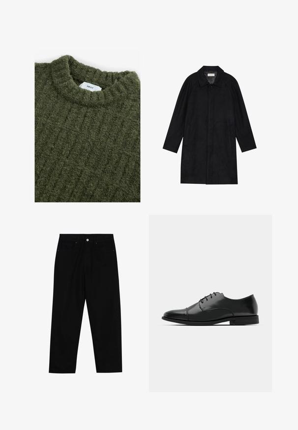 Zwarte jas gemaakt van zachte, gestructureerde stof. Beschikt over een kraag, raglanmouwen, zijzakken en een knoopsluiting aan de voorkant.; Groen gebreid sweater met een hoge nek, textuur oppervlak en subtiele verticale ribbels. Bevat een ingehechte label bij de hals.; Zwarte denim broek met een recht gesneden pasvorm, vijf gebruikersvriendelijke zakken en een sluiting met een knoop aan de voorkant. Soepele textuur met minimale stikdetails.; Zwarte leren dresschoenen met een ronde neus, vetersluiting, subtiele stiksels en een lage hak. Glad oppervlak met gepolijste afwerking.