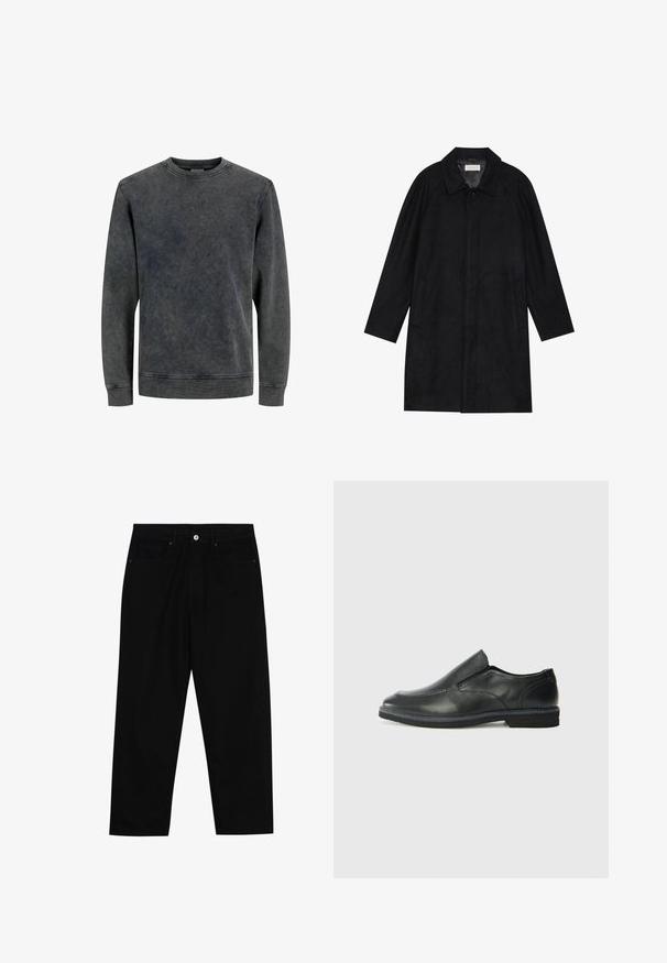 Svart frakk laget av myk, teksturert stoff. Har krage, raglanermer, sidelommer og forsterket knappelukking foran.; Grå genser med rund hals og lange ermer, laget av et mykt, teksturert stoff. Har en falmet, vasket effekt og enkle sømdetaljer.; Sorte denimbukser med rett benklipp, fem-lomme design og frontknappåpning. Jevn tekstur med minimale sømdetaljer.; Sorte skinn slip-on sko med en jevn overflate, stikking detaljer, rund tå og en lav gummihæl. Sålen har minimal mønstring.