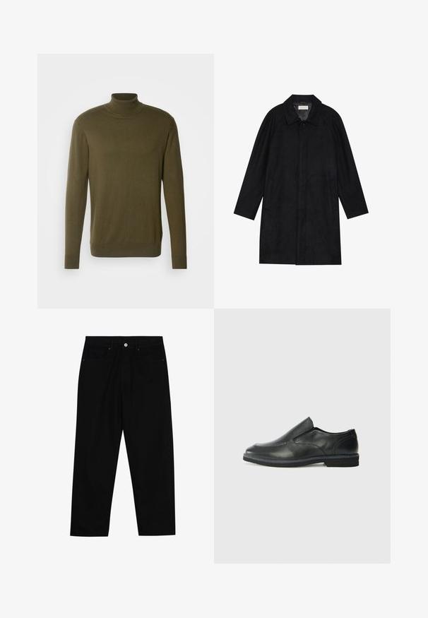 Black coat made from soft, textured fabric. Features a collar, raglan sleeves, side pockets, and a front button closure.; Olive green turtleneck sweater made from smooth, lightweight fabric; features long sleeves and ribbed cuffs and hem.; Black denim pants featuring a straight-leg cut, five-pocket design, and a front button closure. Smooth texture with minimal stitching details.; Black leather slip-on shoe with a smooth upper, stitched accents, rounded toe, and a low rubber heel. Sole features minimal tread.