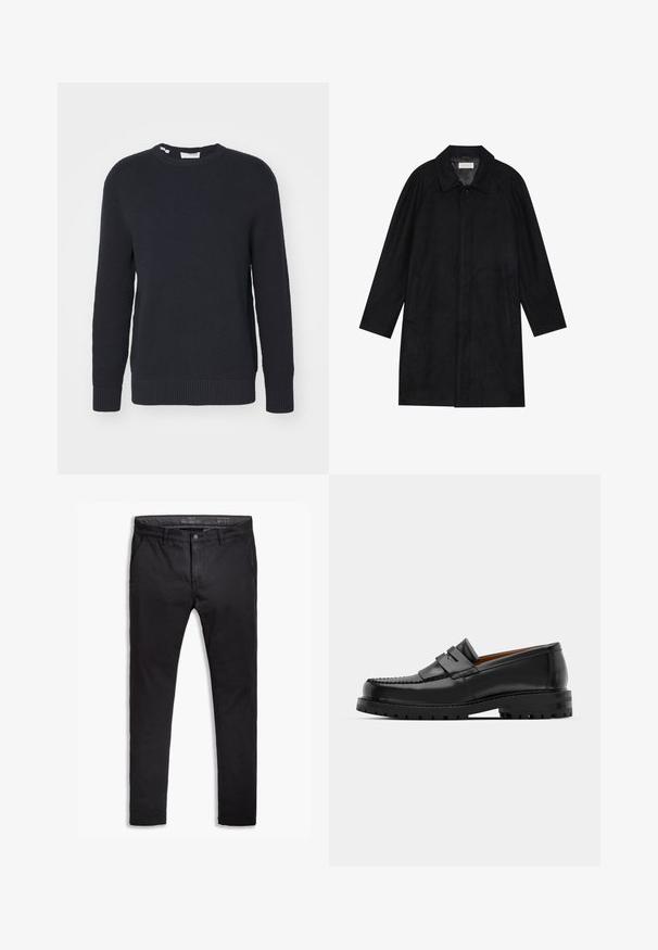 Melnā jaka, izgatavota no mīksta, teksturēta auduma. Ar apkakli, raglāna piedurknēm, sānu kabatām un priekšējo pogu aizdari.; Tumši jūras zila džemperis, strukturēts adīts dizains, apaļa kakla izgriezuma, garas piedurknes, ribotas aproces un apakšmala, maiga auduma, bez redzamām emblēmām vai rakstiem.; Melnas kokvilnas chinos bikses ar sašaurinātu piegriezumu, piecas kabatas, jostas cilpas un gludu audumu. Ar rāvējslēdzēju un pogu aizdari.; Melni ādas loafers cepumi izceļas ar paceltu šuvu, divām dekoratīvām siksnām augšpusē un biezu teksturētu zoli labākai saķerei.