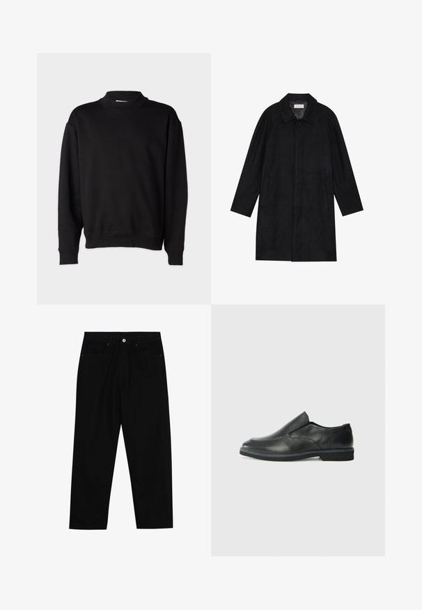 Must mustritud pehme kangast must mantel. Omab kraed, raglanvarrukaid, külgkotte ja ees nuppe.; Mustaline sviiter kõrge soonikkoes kraega, pikad varrukad ja vabalt langev lõige. Pehme tekstuur koos soonikkoes mansettide ja alläärega.; Mustadest denimist püksid, millel on sirge jalg, viie tasku disain ja eesnupuga sulgur. Sile tekstuur koos minimaalsete õmblustega.; Must musta laia suuga king, millel on sile ülemine osa, õmmeldud detailid, ümmargune nina ja madal kummist konts. Tallal on minimaalne mustr.