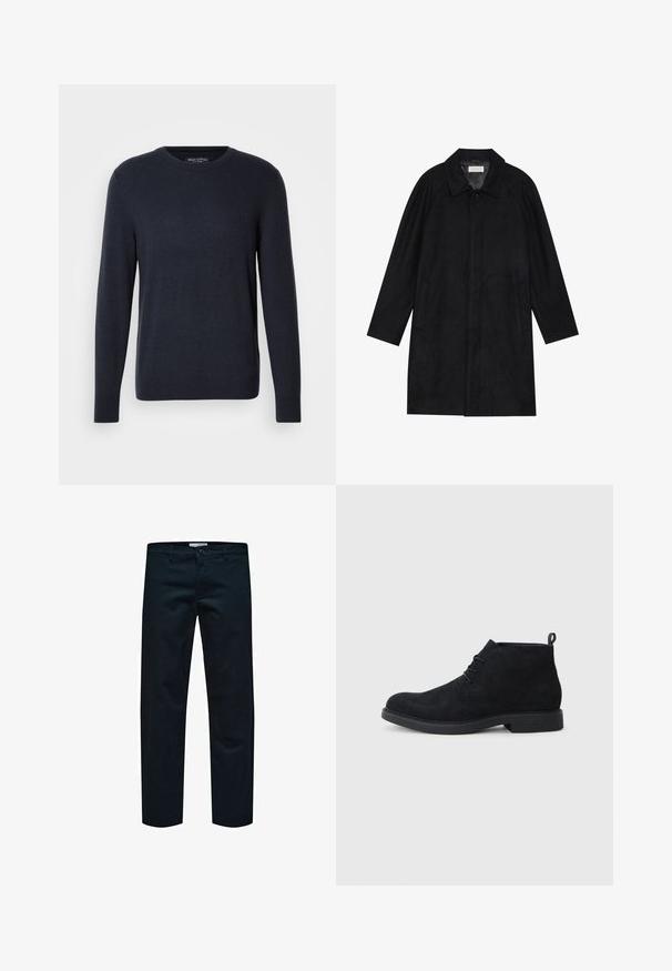 Svart frakk laget av myk, teksturert stoff. Har krage, raglanermer, sidelommer og forsterket knappelukking foran.; Marineblå genser med rund hals laget av myk strikket stoff, med lange ermer og en diskret logo på brystet, samt ribbestrikkede mansjetter og kant.; Sorte bomullsbukser med rett ben-design, som har en enkel knappelukking og standard lommer. Glatt tekstur og ingen synlige mønstre.; Sorte semskede ankelstøvler med rund tå, snørelukking og en strukturert gummisåle. Har en liten løkke bak.