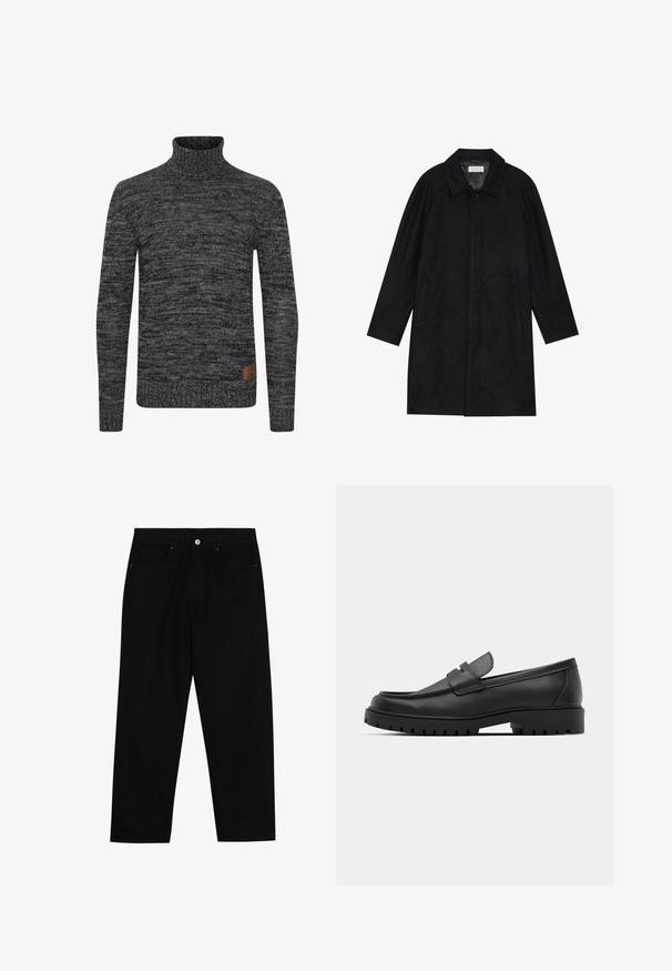 Czarny płaszcz wykonany z miękkiego, teksturowanego materiału. Posiada kołnierz, rękawy raglanowe, boczne kieszenie oraz zapięcie na guziki z przodu.; Sweter z golfem w ciemnoszarym kolorze, wykonany z dzianiny o teksturowanym wzorze. Posiada dopasowany krój oraz naszywkę na dolnej części przodu.; Czarne spodnie dżinsowe w klasycznym kroju prostym, z pięcioma kieszeniami i zapięciem na guzik z przodu. Gładka tekstura z minimalnymi detalami szwy.; Czarne skórzane mokasyny z zaokrąglonym noskiem, posiadające przeszywany wzór, niską platformę oraz teksturowaną, gumową podeszwę z bieżnikiem.