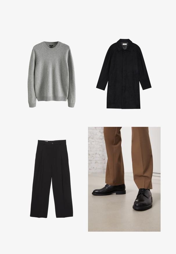 Geacă neagră dintr-un material moale și texturat. Dispune de un guler, mâneci raglan, buzunare laterale și închidere cu nasture în față.; Pulover gri țesut, cu guler rotund, manșete și tiv cu nervuri, având o textură moale și o potrivire lejeră. Fără modele sau accente vizibile.; Pantaloni negri cu croi larg, realizati dintr-un material neted, avand o talie plată, pliuri frontale și un buton de închidere.; Pantofi din piele neagră cu suprafață netedă și vârf rotund, având un sistem de închidere cu șireturi și o talpă joasă, plată. Asortați cu pantaloni maro.