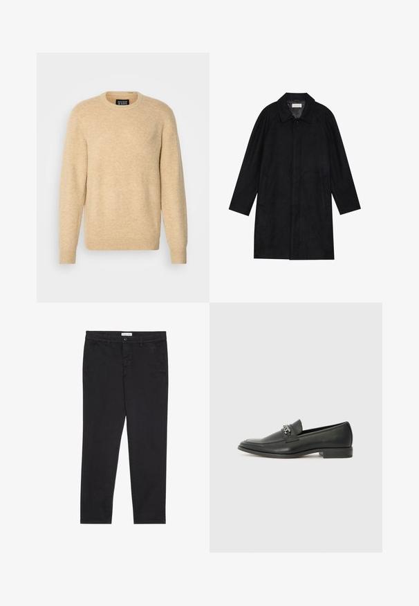 Manteau noir en tissu doux et texturé. Présente un col, des manches raglan, des poches latérales et une fermeture à boutons sur le devant.; Pull en beige fabriqué en matériau doux, avec un col rond, des manches longues et des poignets et un ourlet côtelés.; Pantalon en coton noir à coupe slim, avec deux poches latérales et une fermeture à bouton à l'avant. Tissu texturé avec des détails subtils.; Mocassin en cuir noir avec une finition lisse, présentant un design cousu et une accent décoratif en chaîne métallique sur le rand. Talon plat.