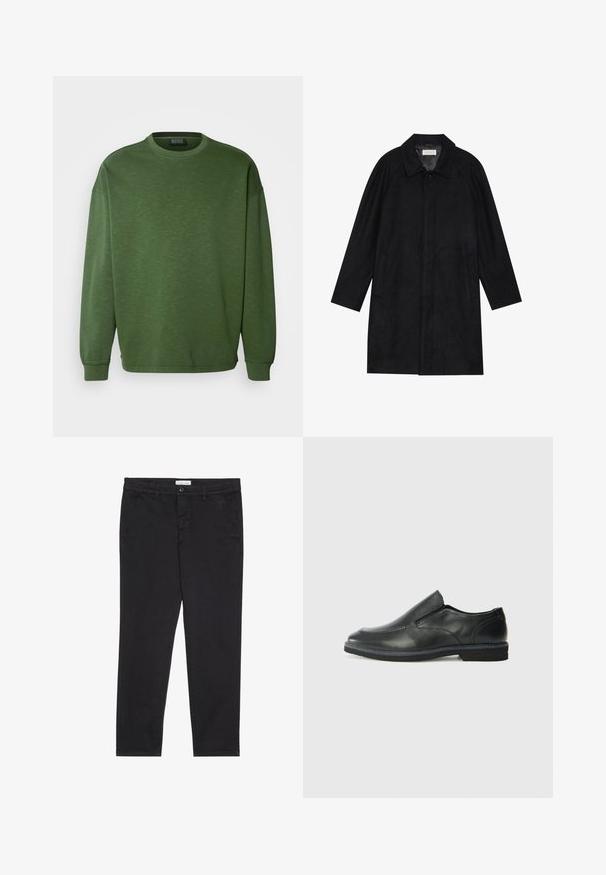 Sort frakke lavet af blød, struktureret stof. Har en krave, raglanærmer, sidelommer og en frontknaplukning.; Grøn sweatshirt med rund halsudskæring, løst fit og lange ærmer. Fremstillet af et struktureret materiale med ribbede manchetter og kant.; Sorte bomuldsbukser med slim fit, der har to sidelommer og en knappelukning foran. Tekstureret stof med subtil detaljer.; Sorte læder slip-on sko med en glat overdel, syede detaljer, rund tå og en lav gummihæl. Sålen har minimal profil.