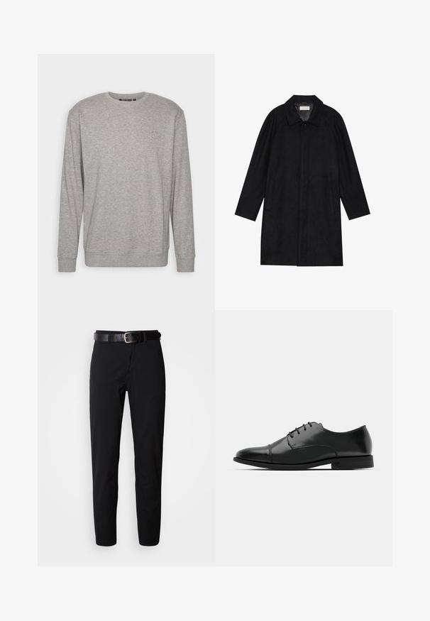 Schwarzer Mantel aus weichem, strukturiertem Stoff. Besitzt einen Kragen, Raglansärmel, seitliche Taschen und einen vorderen Knopfverschluss.; Hellgrauer Sweatshirt mit langen Ärmeln, Rundhalsausschnitt, gerippten Bündchen und unterem Saum. Verfügt über ein dezentes Logo auf der oberen linken Brustseite.; Schwarze, gerade geschnittene Hose mit glatter Textur und einem schwarzen Ledergürtel mit silberner Schnalle. Einfaches Design, ohne Muster oder Akzente.; Schwarzer Leder-Dieerschuh mit runder Zehenform, Schnürdesign, dezenten Nähdetails und niedrigem Absatz. Glatte Textur mit polierter Oberfläche.