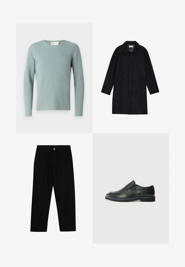 Juodas paltas, pagamintas iš minkštos, tekstūruotos medžiagos. Su apykakle, raglan rankovėmis, šoninėmis kišenėmis ir priekinėmis mygtukų uždarymo detalėmis.; Šviesiai mėlynas ilgomis rankovėmis megztinis su tekstūrine bangų raštu, apvaliu iškirpimu ir gaubtais rankogaliais. Pagamintas iš megztos medžiagos, lygaus paviršiaus.; Juoda džinsinė kelnė su tiesiu kirpimu, penkių kišenių dizainu ir priekiniais mygtukais. Lygus paviršius su minimaliu siuvimo detalėmis.; Juodai odiniai įtvirtinimo batai su lygiu paviršiumi, siuvinėjimo akcentais, apvalia nosimi ir žemu guminiu kulnu. Pado raštas minimalus.
