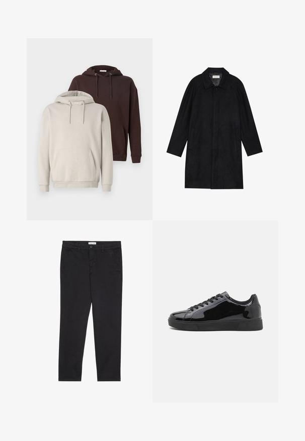 Čierny kabát vyrobený z jemnej, textúrovanej látky. Má golier, raglánové rukávy, bočné vrecká a zapínanie na prednej strane na gombíky.; Dvoje kapucňových mikín: jedna béžová a jedna tmavo hnedá. Obe majú klokaní vrecko, nastaviteľné šnúrky a rebrované manžety.; Čierne bavlnené nohavice so štíhlym strihom, vybavené dvoma bočnými vreckami a predným zapínaním na gombík. Textúrovaná tkanina s jemným detailovaním.; Čierne lakované kožené tenisky s okrúhlou špičkou, plochou gumovou podrážkou a čiernymi šnúrkami. Hladký, lesklý povrch na hornej strane.