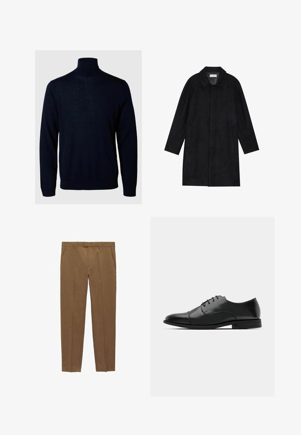 Črn plašč, izdelan iz mehkega, strukturiranega blaga. Ima ovratnik, raglan rokave, stranske žepe in sprednje zapiranje na gumbe.; Temno modra pulover s turtleneck iz belega volnenega materiala, dolgimi rokavi, rebrastimi manšetami in robom, oblikovan iz mehkega blaga z gladko teksturo in minimalnim dizajnom.; Rjave krojene hlače iz gladkega materiala, z ravnim sprednjim delom, ravnimi nogavicami, zankami za pas in stranskimi žepi.; Črne usnjene moške čevlje z zaobljenim nosom, s sistemom vezalk, diskretnimi šivi in nizkih petah. Gladka tekstura s sijočim zaključkom.