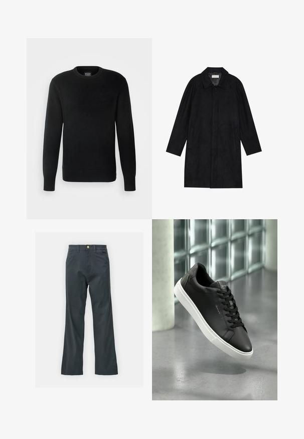 Schwarzer Mantel aus weichem, strukturiertem Stoff. Besitzt einen Kragen, Raglansärmel, seitliche Taschen und einen vorderen Knopfverschluss.; Schwarzer Strickpullover mit langen Ärmeln, rundem Halsausschnitt, gerippten Bündchen und Saum, ausgestattet mit einem kleinen Logoetikett unten links.; Schwarze Hose mit geradem Bein, aus einem Baumwollmix. Verfügt über einen Metallknopfverschluss und seitliche Taschen. Keine sichtbaren Muster.; Schwarze Ledersneaker mit weißer Gummisohle, runden Zehen und Schnürung. Verfügt über eine glatte Textur und dezente Markenkennzeichnung auf der Zunge.