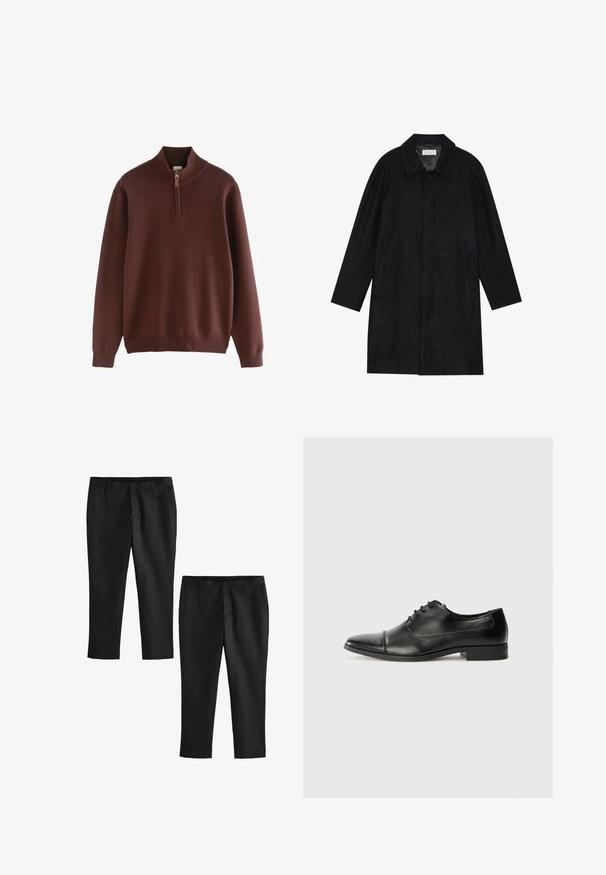 Cappotto nero realizzato in tessuto morbido e texturizzato. Caratterizzato da un colletto, maniche raglan, tasche laterali e chiusura frontale con bottoni.; Next Maglione - burgandy; Pantaloni neri su misura con una texture liscia, caratterizzati da un design a gamba dritta e vita media. Vengono mostrati due modelli, uno accorciato.; Scarpe eleganti in pelle nera con punta affusolata, lacci e dettagli di cucitura sottili. Presentano un tacco a blocco basso e una finitura lucida e liscia.