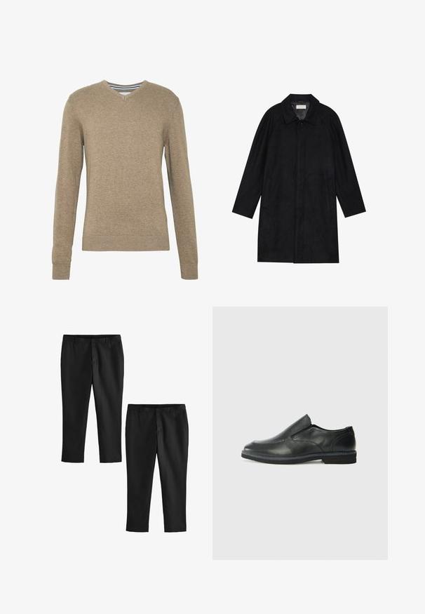 Sort frakke lavet af blød, struktureret stof. Har en krave, raglanærmer, sidelommer og en frontknaplukning.; V-hals sweater lavet af blødt, lysebrunt strikstof med lange ærmer samt ribbede manchetter og kant. Subtil struktur i hele stoffet.; Sorte skræddersyede bukser med en glat overflade, der har et design med lige ben og mellemhøj talje. To par vist, et af dem er cropped.; Sorte læder slip-on sko med en glat overdel, syede detaljer, rund tå og en lav gummihæl. Sålen har minimal profil.