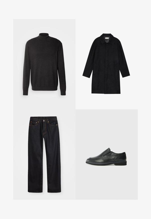 Geacă neagră dintr-un material moale și texturat. Dispune de un guler, mâneci raglan, buzunare laterale și închidere cu nasture în față.; Pulover turtleneck de culoare gri închis, confecționat dintr-un material moale și texturat; are mâneci lungi și o siluetă ajustată, cu un guler și o margine cu nervuri.; Jeans negri din denim pentru bărbați, cu croială dreaptă, cinci buzunare și cusături portocalii, închidere cu nasture și fermoar pe talie.; Pantof de piele neagră, tip slip-on, cu un superior neted, accente cusute, vârf rotunjit și un toc jos din cauciuc. Talpa are un profil minim de aderență.