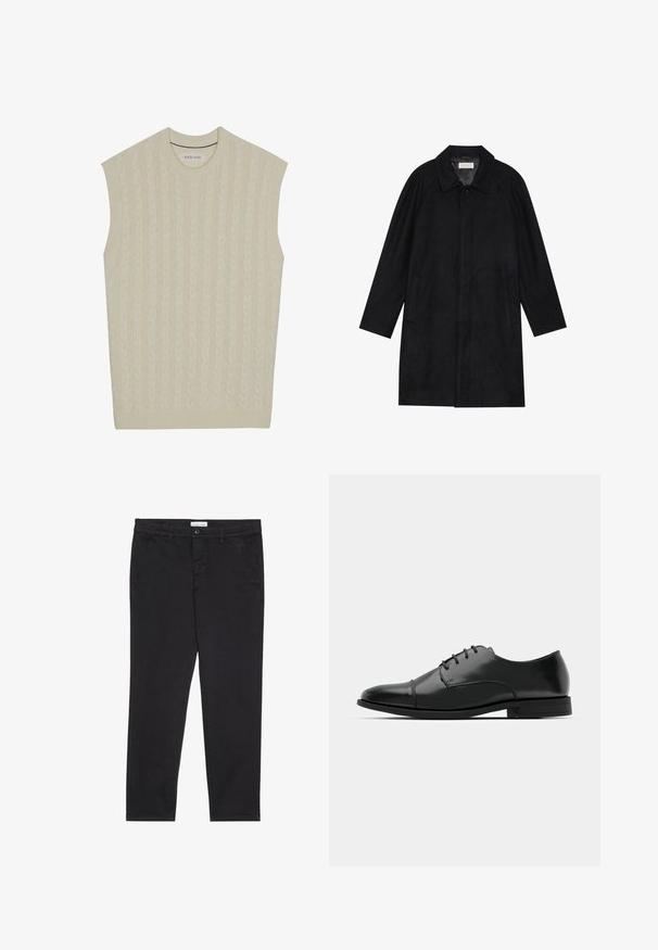 Black coat made from soft, textured fabric. Features a collar, raglan sleeves, side pockets, and a front button closure.; Beige sleeveless knitted sweater with cable pattern. Features a ribbed crew neckline and hem. Soft texture and lightweight design.; Black cotton trousers with a slim fit, featuring two side pockets and a front button closure. Textured fabric with subtle detailing.; Black leather dress shoe with a rounded toe, lace-up design, subtle stitching details, and a low heel. Smooth texture with polished finish.