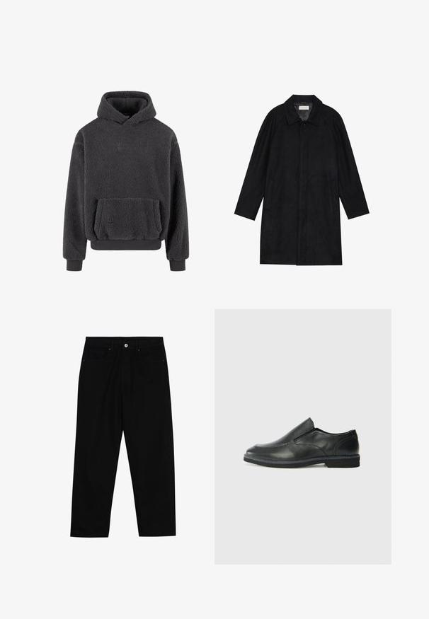 Cappotto nero realizzato in tessuto morbido e texturizzato. Caratterizzato da un colletto, maniche raglan, tasche laterali e chiusura frontale con bottoni.; Felpa con cappuccio in grigio scuro con superficie testurizzata, tasca a marsupio e polsini e orlo a coste. Presenta un piccolo logo sul petto.; Pantaloni in denim nero con taglio dritto, design a cinque tasche e chiusura frontale con bottone. Tessuto liscio con dettagli di cucitura minimi.; Scarpa nera in pelle con inserto scivolare, superiore liscio, dettagli cuciti, punta arrotondata e tacco in gomma basso. La suola presenta un battistrada minimale.