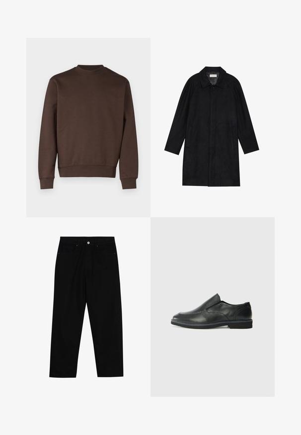 Svart frakk laget av myk, teksturert stoff. Har krage, raglanermer, sidelommer og forsterket knappelukking foran.; Brun crewneck sweatshirt laget av en glatt bomullsblanding. Har ribbede mansjetter og kant, enkel design uten mønstre eller utsmykninger.; Sorte denimbukser med rett benklipp, fem-lomme design og frontknappåpning. Jevn tekstur med minimale sømdetaljer.; Sorte skinn slip-on sko med en jevn overflate, stikking detaljer, rund tå og en lav gummihæl. Sålen har minimal mønstring.