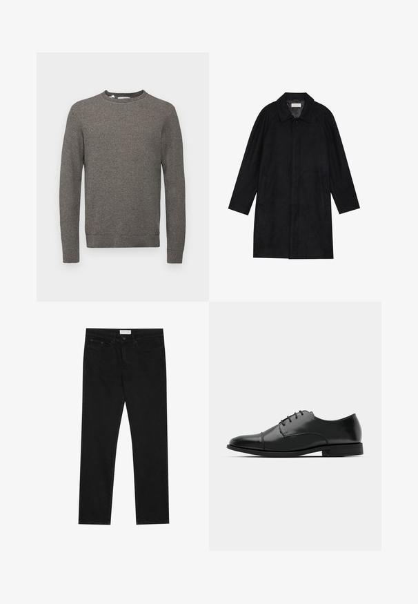 Geacă neagră dintr-un material moale și texturat. Dispune de un guler, mâneci raglan, buzunare laterale și închidere cu nasture în față.; Selected Homme SLHROSS STRUCTURE CREW NECK - Pulover - asphalt; Jeans negri din denim cu un croi drept, având cinci buzunare, închidere cu nasture și o textură subtilă pe întreaga suprafață a țesăturii.; Pantofii negri din piele, cu vârful rotunjit, design cu șireturi, detalii de cusătură subtile și toc joasă. Textura netedă cu un finisaj lustruit.