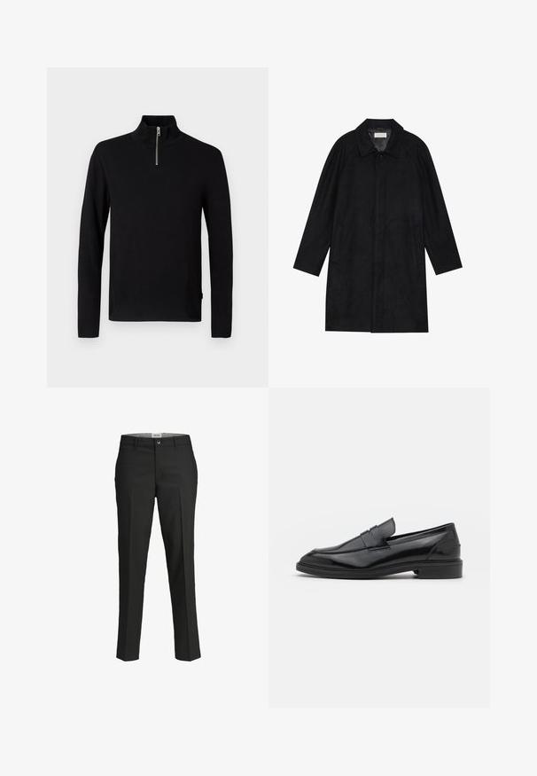 Crni kaput izrađen od mekog, teksturiranog materijala. Ima ovratnik, raglan rukave, bočne džepove i prednje dugme za zatvaranje.; Crni džemper dugih rukava s visokim ovratnikom i kratkim srebrnim zatvaračem na prednjem dijelu.; Crne hlače, krojene u prilagodljivom fitu, glatka tkanina, srednji struk, prednje kopčanje na dugme, dijagonalni džepovi i pregibi duž nogu.; Crne kožne mokasine s glatkom površinom, s okruglim vrhom i uskim pojasom preko gornjeg dijela. Nizak slojeviti potplat.