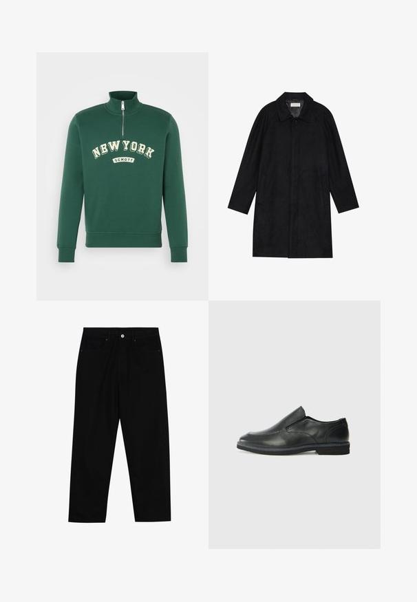 Schwarzer Mantel aus weichem, strukturiertem Stoff. Besitzt einen Kragen, Raglansärmel, seitliche Taschen und einen vorderen Knopfverschluss.; Grüner Sweatshirt mit hohem Kragen, halbem Reißverschluss, ausgestattet mit dem Schriftzug "NEW YORK" und "SCHOTT" in Creme. Weicher Stoff mit gerippten Bündchen.; Schwarze Jeans mit geradem Schnitt, Fünf-Taschen-Design und einem vorderen Knopfverschluss. Glatte Textur mit minimalen Nähten.; Schwarze Leder-Slipper mit glattem Obermaterial, gesteppten Akzenten, runder Zehenpartie und niedrigem Gummiabsatz. Die Sohle hat ein minimales Profil.