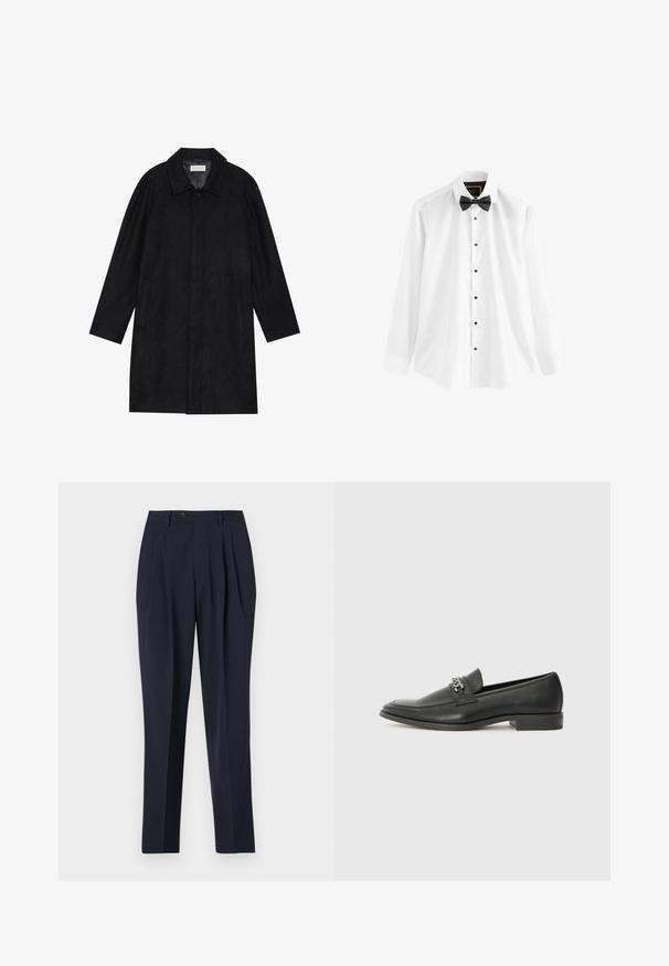 Juodas paltas, pagamintas iš minkštos, tekstūruotos medžiagos. Su apykakle, raglan rankovėmis, šoninėmis kišenėmis ir priekinėmis mygtukų uždarymo detalėmis.; Balta medvilninė marškinėliai su ilgomis rankovėmis, juoda kaklaraištis-varlyte ir juodais mygtukais per visą priekį.; Jūros mėlynumo kelnių aukštas liemuo, su klostuotu priekiu ir vienu mygtuko uždarymu. Audinys atrodo lygus, su pritaikytu siluetu ir tiesių kojų dizainu.; Juodos odinės loafer tipo bateliai su lygiu paviršiumi, turintys siuvinėtą dizainą ir dekoratyvų metalo grandinėlės akcentą ant batų viršaus. Plokščias kulnas.