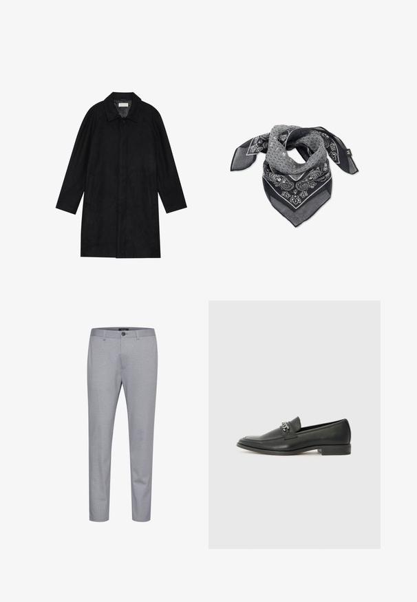 Black coat made from soft, textured fabric. Features a collar, raglan sleeves, side pockets, and a front button closure.; Dark blue long-sleeve shirt in lightweight fabric, with a button-down front, classic collar, and buttoned cuffs. Smooth texture and simple design.; Gray patterned trousers made of fabric with a smooth texture. Features a button closure and a tapered leg design.; Black leather loafer with a smooth finish, featuring a stitched design and a decorative metal chain accent across the vamp. Flat heel.; Black and white patterned scarf featuring paisley and geometric designs, made of a lightweight, sheer fabric with pointed ends.