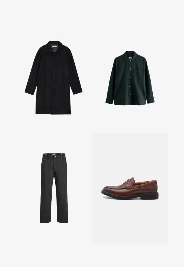 Must mustritud pehme kangast must mantel. Omab kraed, raglanvarrukaid, külgkotte ja ees nuppe.; Tume roheline nööbitav särk, millel on krae, pikad varrukad ja üks rindade tasku; sisaldab valgeid nööpe ja pehmet tekstuuri.; Mustad sirgedest jeanid, mis on valmistatud puuvillast, klassikalise viie-tasku kujundusega, nööpkinni ja peente õmbluse detailidega.; Pruunist nahast loafers, millel on ümar varvas, dekoratiivne tikand ja must kummitald. Sile tekstuur ja minimaalsed disainidetailid.