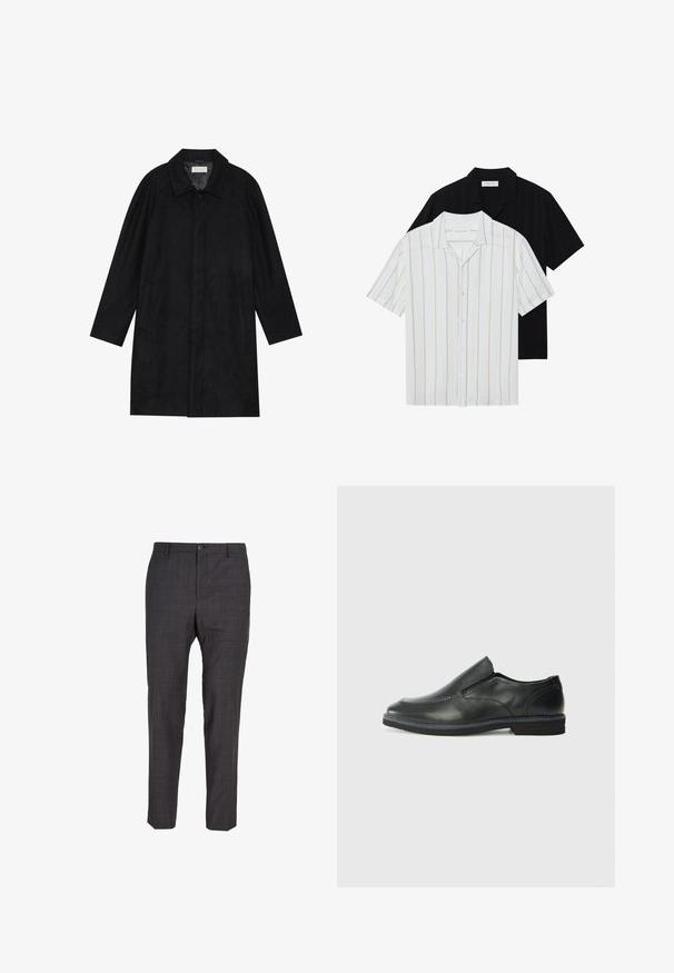 Juodas paltas, pagamintas iš minkštos, tekstūruotos medžiagos. Su apykakle, raglan rankovėmis, šoninėmis kišenėmis ir priekinėmis mygtukų uždarymo detalėmis.; Trumpetai su trumpomis rankovėmis, balti su smėlio spalvos juostelėmis ir juodi. Abu turi klasikinę apykaklę ir lygią audinio tekstūrą.; Tamsiai pilki pritaikyti kelnių štrichų iš tekstūruoto audinio, su plokščiu priekiu, diržo kilpomis ir vienu mygtuku užsegimui.; Juodai odiniai įtvirtinimo batai su lygiu paviršiumi, siuvinėjimo akcentais, apvalia nosimi ir žemu guminiu kulnu. Pado raštas minimalus.