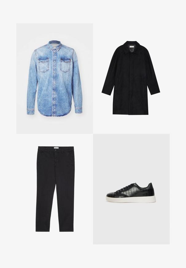 Czarny płaszcz wykonany z miękkiego, teksturowanego materiału. Posiada kołnierz, rękawy raglanowe, boczne kieszenie oraz zapięcie na guziki z przodu.; Jasnoniebieska koszula z denimu z długimi rękawami, kołnierzykiem zapinanym na guziki, dwiema kieszeniami na piersiach i kontrastowym ściegiem. Okrągły dół i klasyczny krój.; Czarnie bawełniane spodnie o dopasowanym kroju, z dwoma bocznymi kieszeniami i zapięciem na guzik z przodu. Teksturowana tkanina z subtelnymi detalami.; Czarne sneakersy z teksturowaną cholewką ze skóry z tłoczeniem w kształcie krokodyla, okrągłym noskiem oraz kontrastującą białą gumową podeszwą o gładkim wykończeniu.