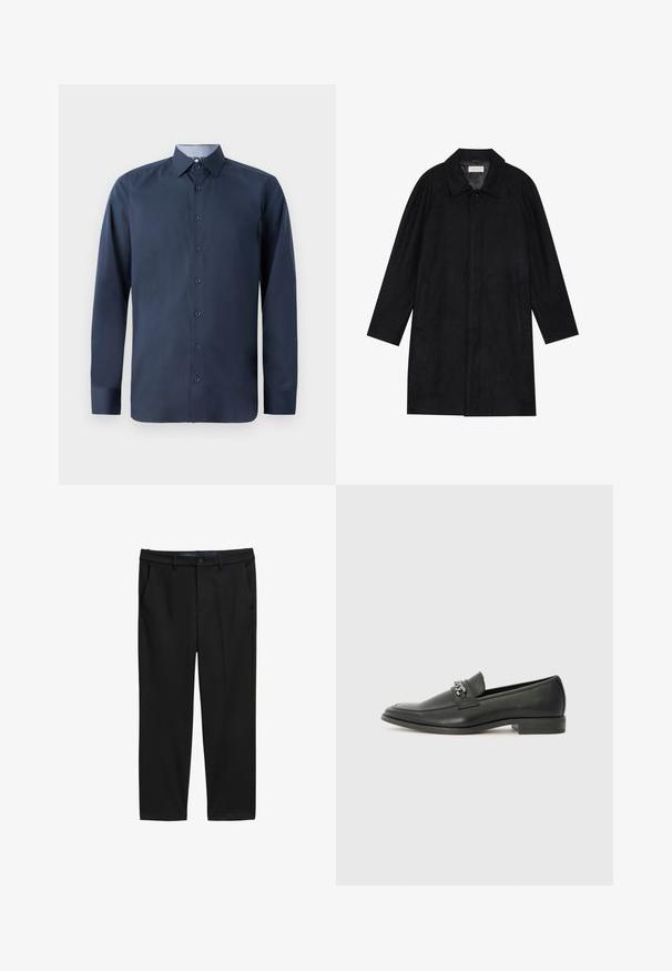 Schwarzer Mantel aus weichem, strukturiertem Stoff. Besitzt einen Kragen, Raglansärmel, seitliche Taschen und einen vorderen Knopfverschluss.; Marineblaues Langarmhemd aus Baumwollmischung, mit klassischem Kragen, durchgehender Knopfleiste und kontrastierendem Innenkragenfutter.; Schwarze Hose mit geradem Schnitt aus strukturiertem Stoff. Besitzt zwei Fronttaschen und einen Knopfverschluss an der Taille.; Schwarzer Lederloafer mit glatter Oberfläche, ausgestattet mit einer gesteppten Gestaltung und einem dekorativen Metallkettendetail über dem Vorderblatt. Flacher Absatz.