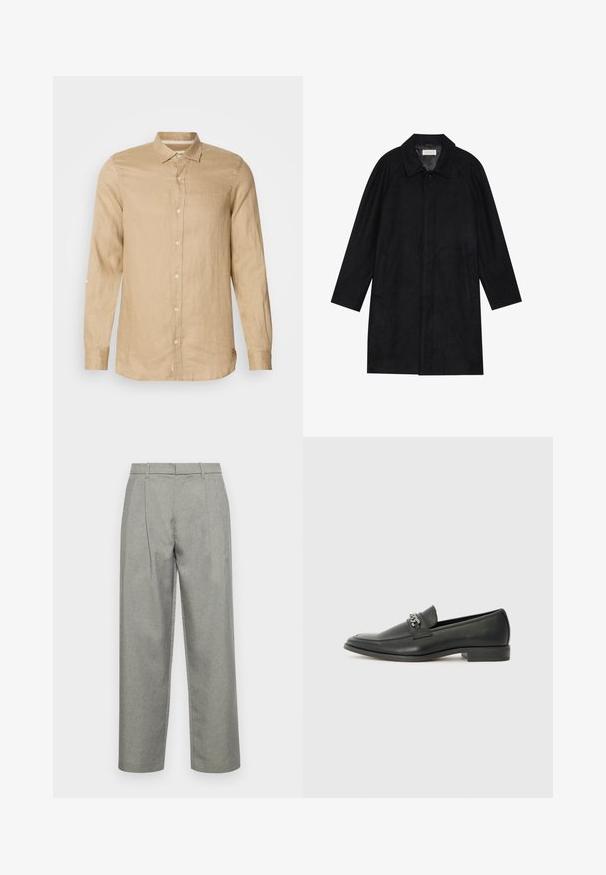 Abrigo negro hecho de un tejido suave y texturizado. Presenta un cuello, mangas raglán, bolsillos laterales y un cierre frontal con botones.; Camisa de manga larga color beige claro, hecha de lino, con un frente abotonado, textura suave y un cuello. Incluye detalle de manga con pestaña enrollable.; Pantalones gris ajustados hechos de tela texturizada, con un diseño de pierna recta, pliegues frontales y una cinturilla estándar con lazos para cinturón.; Mocasín de cuero negro con un acabado suave, que cuenta con un diseño de costura y un acento decorativo de cadena de metal en el empeine. Tacón plano.