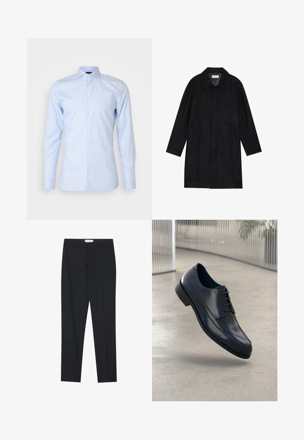 Svart frakk laget av myk, teksturert stoff. Har krage, raglanermer, sidelommer og forsterket knappelukking foran.; OLYMP No. Six Skjorte - bleu; Sorte skrædderbukser med flad front, almindelig pasform, lavet af glat stof, med pressede folder og sidelommer.; Glans svart lærdressko med snørebånd, svevende over et glatt, lyst grått gulv med vertikale metallstenger i bakgrunnen.
