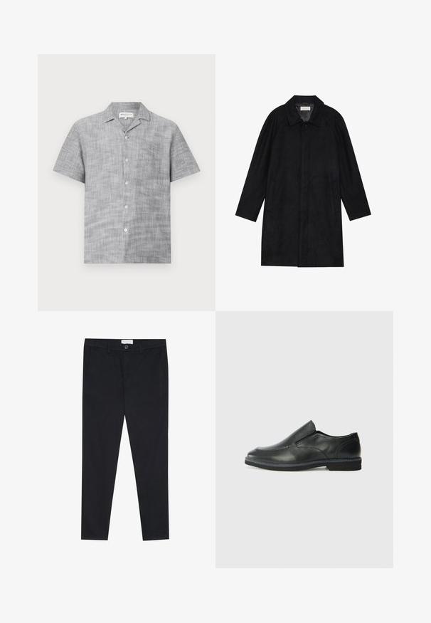 Cappotto nero realizzato in tessuto morbido e texturizzato. Caratterizzato da un colletto, maniche raglan, tasche laterali e chiusura frontale con bottoni.; Camicia grigia button-up a maniche corte realizzata in tessuto testurizzato, con colletto e piccola tasca frontale. Presenta bottoni chiari.; Pantaloni neri con un design a gamba dritta, realizzati in tessuto di cotone. Presentano due tasche frontali e una chiusura con bottone in vita.; Scarpa nera in pelle con inserto scivolare, superiore liscio, dettagli cuciti, punta arrotondata e tacco in gomma basso. La suola presenta un battistrada minimale.