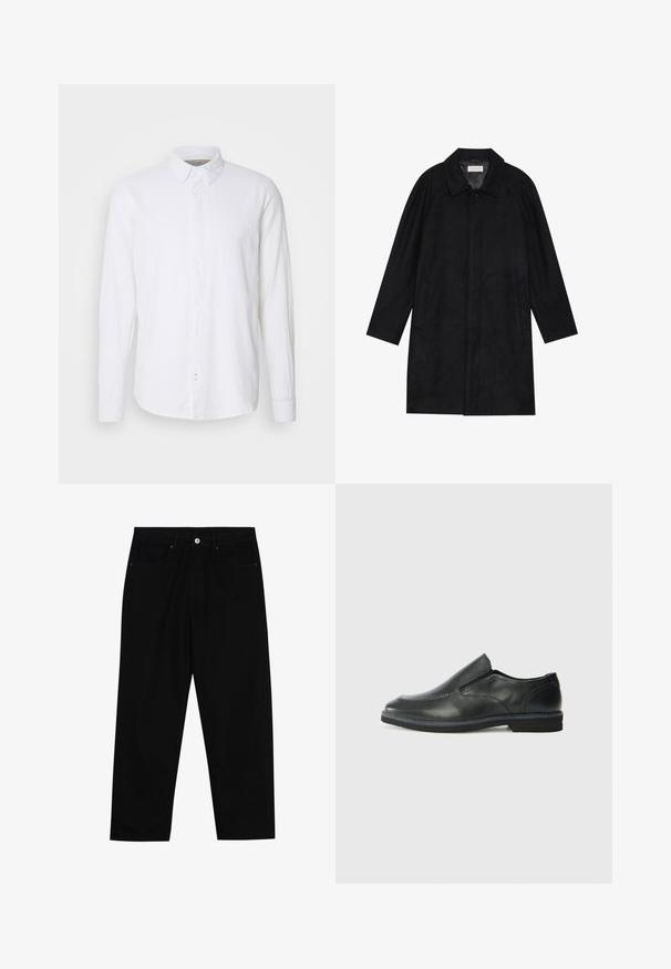 Musta takki, joka on valmistettu pehmeästä, teksturoidusta kankaasta. Sieltä löytyy kaulus, raglanhihat, sivutaskut ja etupainike.; Valkoinen pitkähihaisten napitettu paita, joka on valmistettu pellavasta. Ominaisuuksiin kuuluu klassinen kaulus, nappikaulus edessä ja suora helma.; Mustat farkut suoraan lahkeella, viisi taskua ja etunappikiinnitys. Sileä rakenne, jossa on vain vähäisiä ompelualueita.; Musta nahkainen liukujalkine, jossa on sileä pinta, ommeltuja yksityiskohtia, pyöristetty kärki ja matala kumipohja. Pohjassa on minimaalinen pito.