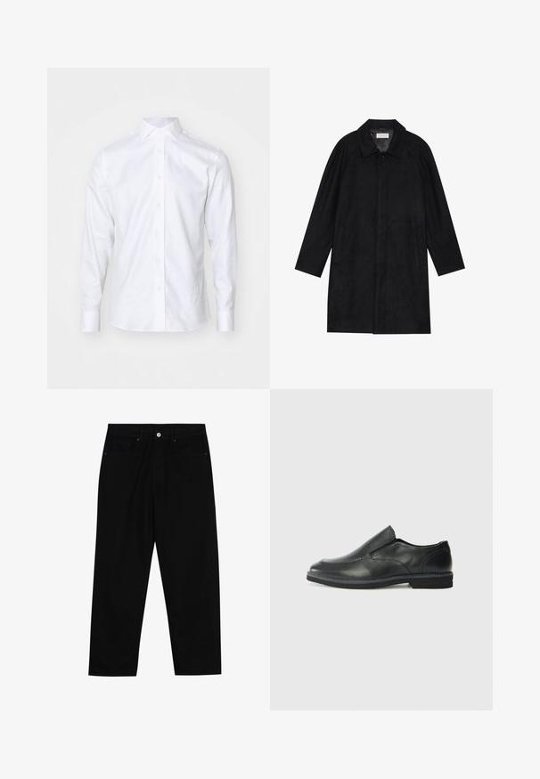 Juodas paltas, pagamintas iš minkštos, tekstūruotos medžiagos. Su apykakle, raglan rankovėmis, šoninėmis kišenėmis ir priekinėmis mygtukų uždarymo detalėmis.; Balta ilgomis rankovėmis marškiniai, pagaminti iš medvilnės, su klasikiniu apykakle, frontiniu užtrauktuku ir mygtukais rankogaliuose. Lygus tekstūra, minimalistinis dizainas.; Juoda džinsinė kelnė su tiesiu kirpimu, penkių kišenių dizainu ir priekiniais mygtukais. Lygus paviršius su minimaliu siuvimo detalėmis.; Juodai odiniai įtvirtinimo batai su lygiu paviršiumi, siuvinėjimo akcentais, apvalia nosimi ir žemu guminiu kulnu. Pado raštas minimalus.