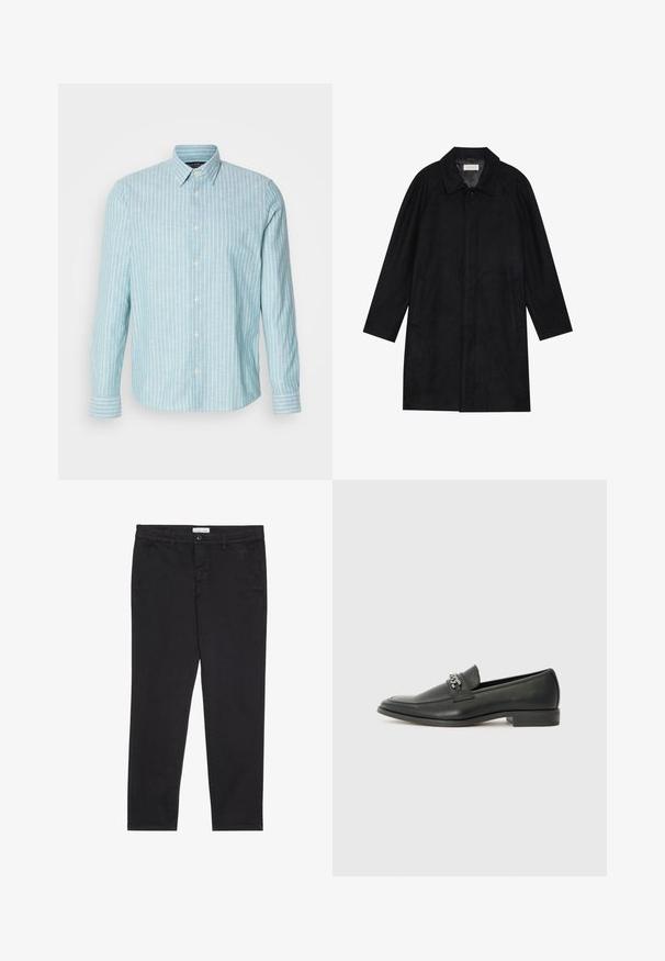 Černý kabát vyrobený z měkké, strukturované tkaniny. Má límec, raglánové rukávy, boční kapsy a přední zapínání na knoflíky.; Světle modrá košile s dlouhým rukávem a bílými vertikálními pruhy, klasickým límcem a zapínáním na knoflíky. Měkká textura, ležérní design.; Černé bavlněné kalhoty s úzkým střihem, které mají dvě boční kapsy a přední zapínání na knoflík. Texturovaná tkanina s jemnými detaily.; Černé kožené mokasíny s hladkým povrchem, s prošívaným designem a dekoračním kovovým řetízkem přes nárt. Plochý podpatek.