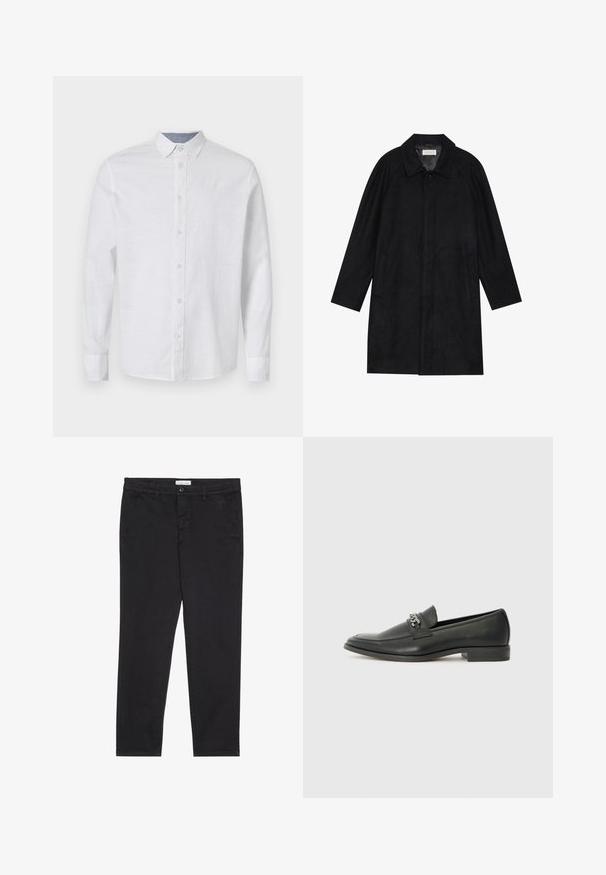Crni kaput izrađen od mekog, teksturiranog materijala. Ima ovratnik, raglan rukave, bočne džepove i prednje dugme za zatvaranje.; Bijela košulja s dugim rukavima od laganog materijala s gumbima sprijeda, ovratnikom i suptilnom teksturom. Ima detalj kontrastne boje unutar ovratnika.; Crne pamučne hlače uskog kroja, s dva bočna džepa i prednjim zatvaranjem na dugme. Teksturirana tkanina s suptilnim detaljima.; Crna kožna loafer cipela s glatkom finišem, s ušivenim uzorkom i dekorativnim metalnim lancem preko prednjeg dijela. Ravni potplat.