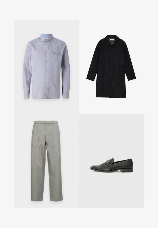 Schwarzer Mantel aus weichem, strukturiertem Stoff. Besitzt einen Kragen, Raglansärmel, seitliche Taschen und einen vorderen Knopfverschluss.; Hellblau-weiß kariertes Langarmhemd mit Button-Down-Kragen, Brusttasche, geknöpften Ärmeln und Holzknoopfen.; Graue maßgeschneiderte Hose aus strukturiertem Stoff mit geradem Bein, Bundfalten und einem Standardbund mit Gürtelschlaufen.; Schwarzer Lederloafer mit glatter Oberfläche, ausgestattet mit einer gesteppten Gestaltung und einem dekorativen Metallkettendetail über dem Vorderblatt. Flacher Absatz.