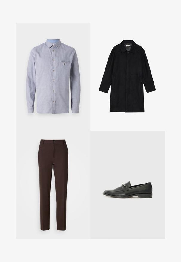 Crni kaput izrađen od mekog, teksturiranog materijala. Ima ovratnik, raglan rukave, bočne džepove i prednje dugme za zatvaranje.; Svijetloplava i bijela karirana košulja dugih rukava s odbačenim ovratnikom, prednjim džepom, rukavima s manžetama i drvenim gumbom kao ukrasom.; Smeđe hlače s ravnim krojem, s jednim prednjim plisom, zatvaranjem na dugme i glatkom teksturom tkanine.; Crna kožna loafer cipela s glatkom finišem, s ušivenim uzorkom i dekorativnim metalnim lancem preko prednjeg dijela. Ravni potplat.