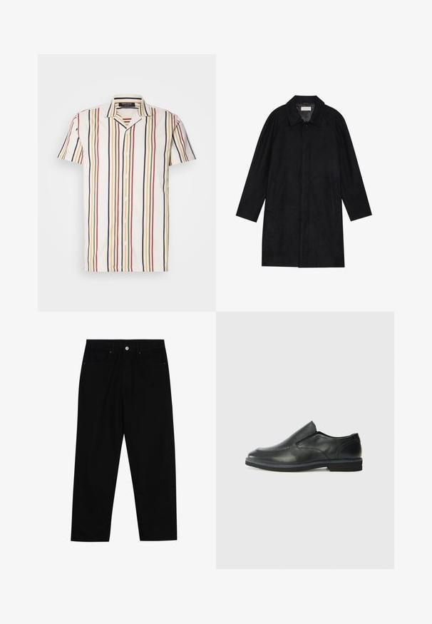 Black coat made from soft, textured fabric. Features a collar, raglan sleeves, side pockets, and a front button closure.; Short-sleeve button-up shirt in white with vertical stripes in red, yellow, and navy. Features a notched collar and lightweight fabric.; Black denim pants featuring a straight-leg cut, five-pocket design, and a front button closure. Smooth texture with minimal stitching details.; Black leather slip-on shoe with a smooth upper, stitched accents, rounded toe, and a low rubber heel. Sole features minimal tread.