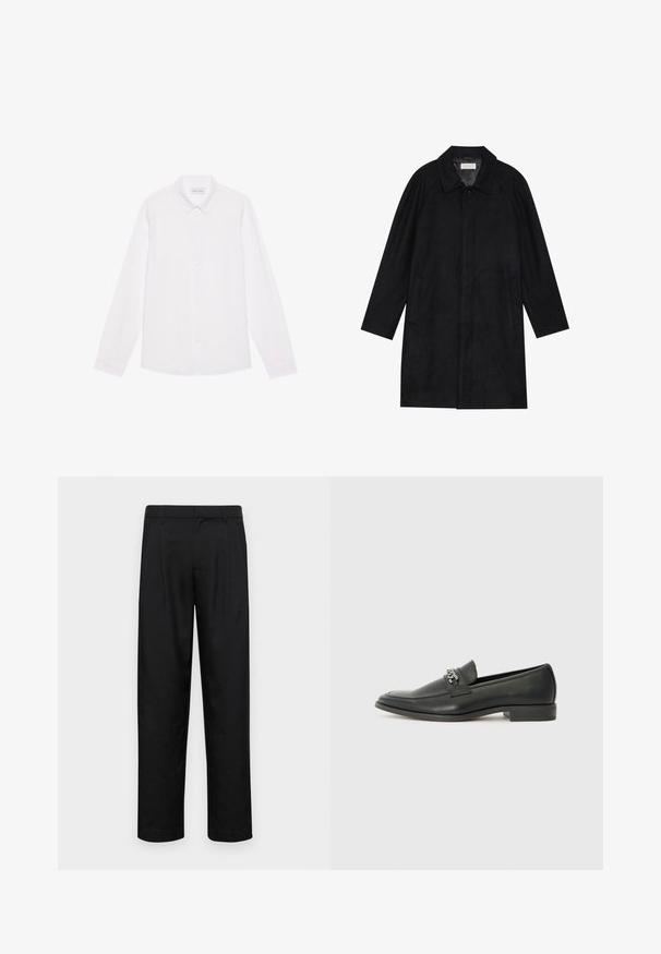 Cappotto nero realizzato in tessuto morbido e texturizzato. Caratterizzato da un colletto, maniche raglan, tasche laterali e chiusura frontale con bottoni.; Camicia bianca a maniche lunghe con bottoni, realizzata in cotone. Presenta un colletto classico, bottoni frontali e una texture liscia senza motivi visibili.; Pantaloni neri realizzati in tessuto liscio, caratterizzati da un taglio dritto, due pieghe frontali e una vita standard con passanti per la cintura.; Mocassino in pelle nera con finitura liscia, caratterizzato da un design cucito e da un accento decorativo in catena metallica sul vamp. Tacco piatto.